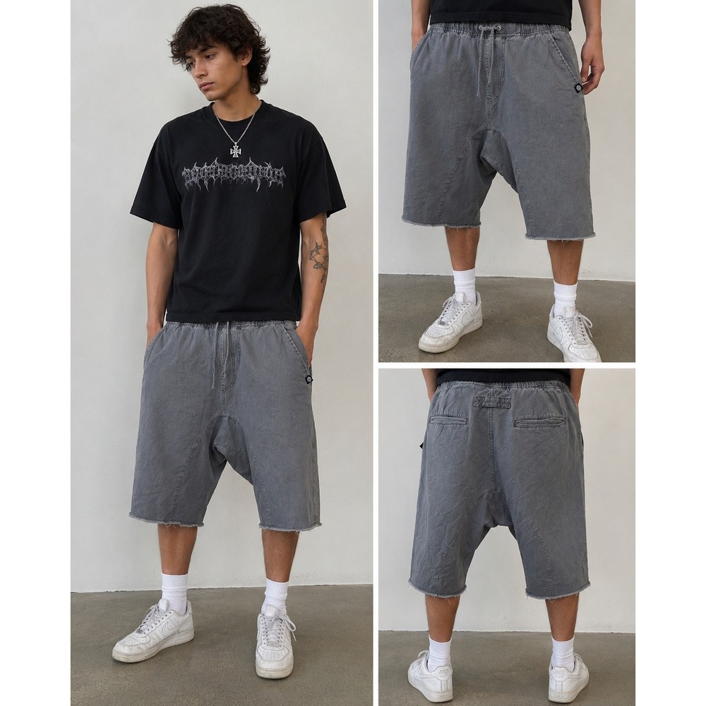 Akademiks Men's Gray Drawstring Shorts 2XL Distressed Raw Hem Cotton Streetwear‎